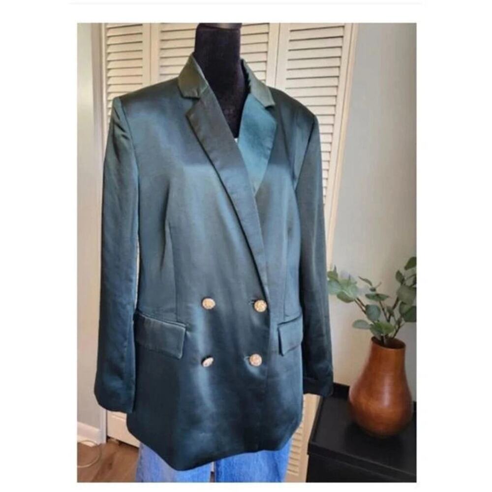Sam Edelman Dark Green Satin Blazer Gold Buttons Small Oversized NWT $179